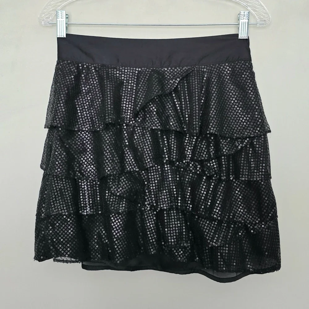 XXI Black Sequin Ruffle Tiered Mini Skirt‎ Party Club Womens Medium